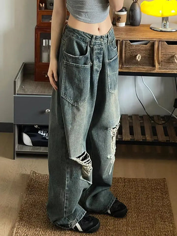 European and American Summer HipHop Men and Women Trendy Personalized Straight Tube Washed Jeans Couple Loose Retro Casual Pants